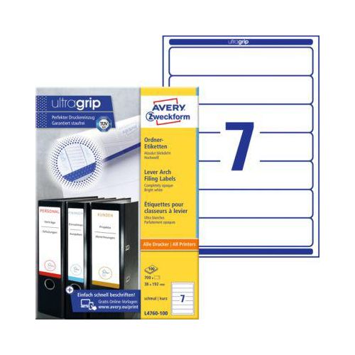 4004182036891 - selbstklebende Rückenschilder ultragrip L4760-100 weiß schmal kurz 38x192mm (BxH) selbstklebend permanent  4004182036891 AVERY Z 700 S