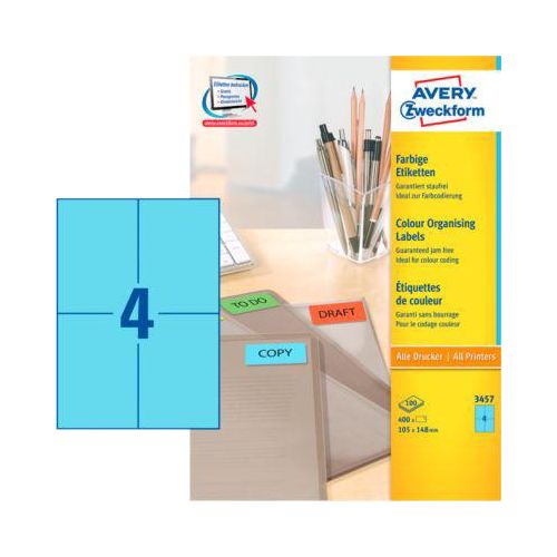 4004182034576 - AVERY Zweckform Etiketten 3457 Selbsthaftend DIN A4 Blau 105 x 148 cm 100 Blatt à 4 Etiketten 4004182034576 - AVERY Zweckform Etiketten 3457 Selbsthaftend DIN A4 Blau 105 x 148 cm 100 Blatt à 4 Etiketten