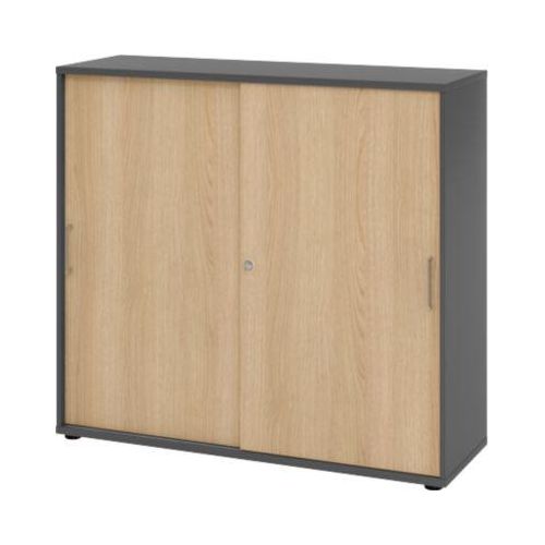 4032062306154 - Schiebetürschrank Breno abschließbar Spanplatte melaminharzbeschichtet B 1200 x T 400 x H 1100 mm 3 Ordnerhöhen graphit Eiche