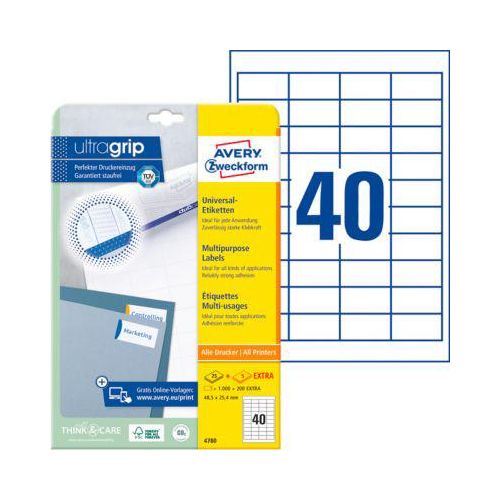4004182047804 - AVERY Zweckform Abziehhilfe QuickPEELultragrip Mehrzwecketiketten 4780 Selbsthaftend DIN A4 Weiß 485 x 254 mm 30 Blatt à 40 Etiketten 4004182047804 - AVERY Zweckform Abziehhilfe QuickPEELultragrip Mehrzwecketiketten 4780 Selbsthaftend DIN A4 Weiß 485 x 254 mm 30 Blatt à 40 Etiketten
