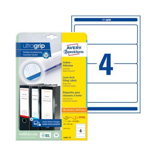 4004182060612 - selbstklebende Rückenschilder ultragrip L6061-25 weiß breit kurz 59x192mm (BxH) selbstklebend permanent  4004182060612 AVERY Zwe 100 S