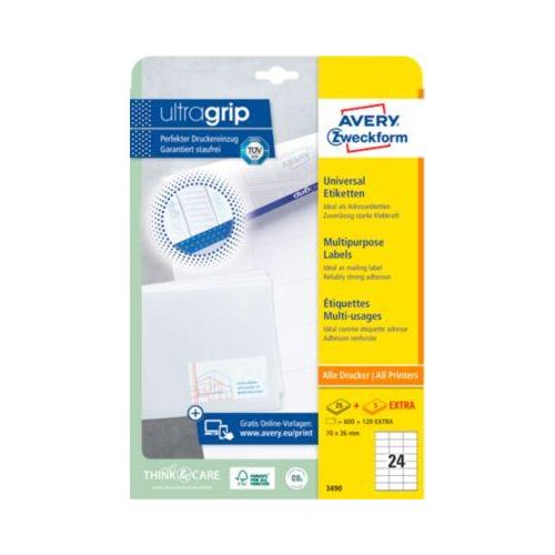 4004182034903 - AVERY Zweckform UltraGrip Laser Universaletiketten 3490 Selbsthaftend DIN A4 Weiß 70 x 36 mm 30 Blatt à 24 Etiketten 4004182034903 - AVERY Zweckform UltraGrip Laser Universaletiketten 3490 Selbsthaftend DIN A4 Weiß 70 x 36 mm 30 Blatt à 24 Etiketten