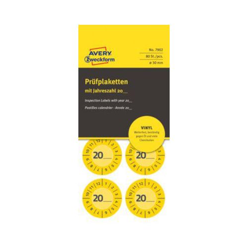 4004182079027 - Prüfplakette 7902 mit Jahreszahl 20__zum Selbereintragen extrem robust Ø 30 mm 80 Stück 10 Bogen Vinylfolie gelb 4004182079027 - Prüfplakette 7902 mit Jahreszahl 20__zum Selbereintragen extrem robust Ø 30 mm 80 Stück 10 Bogen Vinylfolie gelb