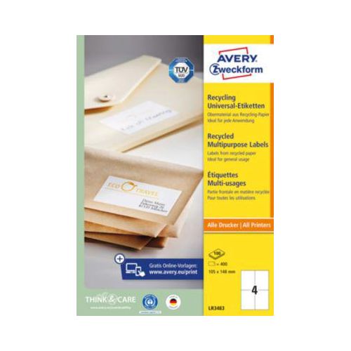 4004182035412 - Etiketten AVERY® Zweckform für Druckertyp Inkjet Laser rechteckig nachhaltig A4 Format Papier naturweiß 400 Etiketten B 148 x H 105 mm