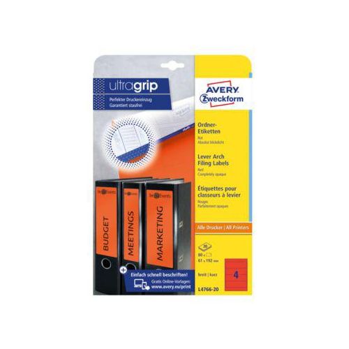 4004182047668 - selbstklebende Rückenschilder ultragrip L4766-20 rot breit kurz 61x192mm (BxH) selbstklebend permanent 4004182047668 AVERY Zwec 20 Bl 4004182047668 - selbstklebende Rückenschilder ultragrip L4766-20 rot breit kurz 61x192mm (BxH) selbstklebend permanent 4004182047668 AVERY Zwec 20 Bl