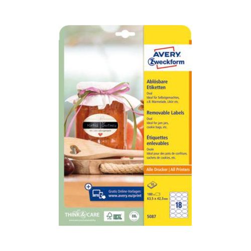 4004182050873 - Avery® Zweckform Etiketten 5087 Format A4 ablösbar druckergeeignet 635 x 423 mm 10 Bogen mit 180 Stück FSC®-Papier oval weiß