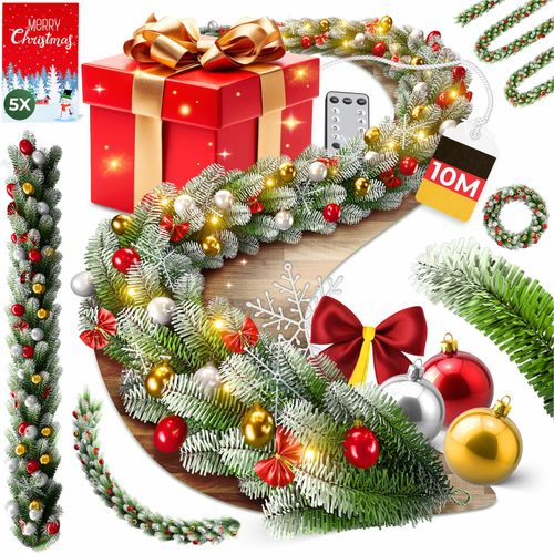 4255598359924 - KESSER® Weihnachtsgirlande mit LED – 5 m oder 10 m 100–200 LEDs IP44 naturgrün mit Schnee-Effekt je nach Modell für Outdoor & Indoor mit Fernbedienung & Weihnachtsdeko je nach Variante