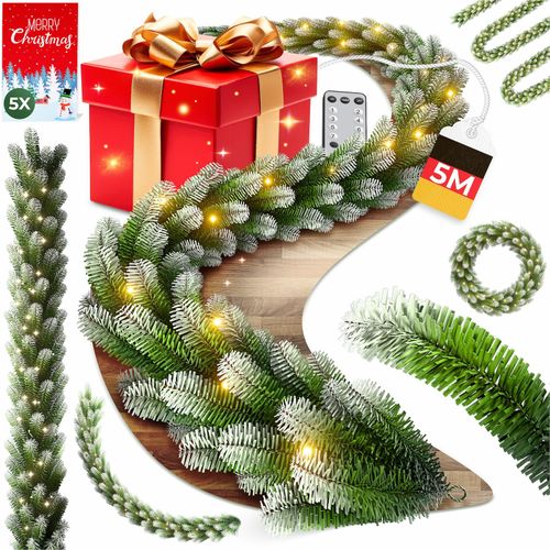 4255598359917 - KESSER® Weihnachtsgirlande mit LED – 5 m oder 10 m 100–200 LEDs IP44 naturgrün mit Schnee-Effekt je nach Modell für Outdoor & Indoor mit Fernbedienung & Weihnachtsdeko je nach Variante