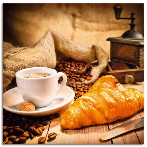 4055327783194 - Wandbild ARTLAND Kaffeetasse mit Croissant Bilder Gr B H 50 cm x 50 cm Leinwandbild Getränke quadratisch 1 St braun Bild Poster Bilder als Leinwandbild Wandaufkleber oder in versch Größen