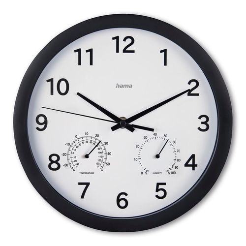 4047443517586 - Wanduhr HAMA Wanduhr Malta Ø 25 cm ohne Ticken Schwarz schwarz Ø 25cm Wanduhren geräuscharm mit Thermo- Hygrometer