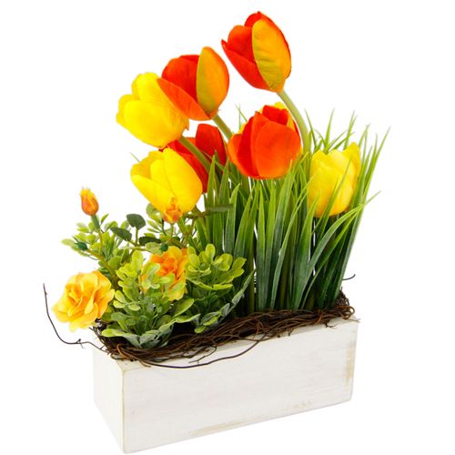 4019844776008 - Gestecke MY HOME Tulpen Wildrosen und Gras Kunstpflanzen Gr B H L 18 cm x 26 cm x 10 cm 1 St gelb (gelb orange) Trockenblumen Im Topf aus Holz Blumendeko