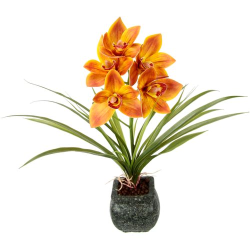 4019844799359 - Kunstblume MY HOME Orchidee Kunstpflanzen Gr B H L 35 cm x 40 cm x 25 cm 1 St orange Kunst-Blumen Mit Blätter im Topf aus Zement Künstliche Blume Cymbidium-Orchidee